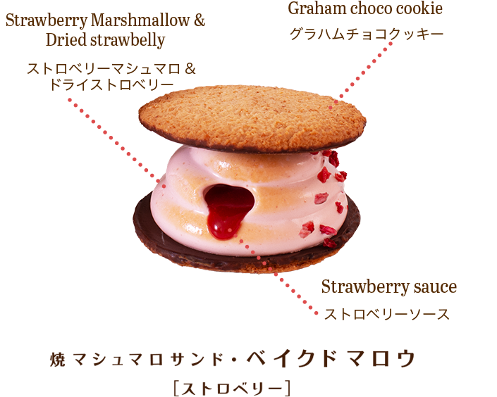 焼きマシュマロサンド・ベイクドマロウ[ストロベリー] ストロベリーマシュマロ＆ドライストロベリー グラハムチョコクッキー ストロベリーソース